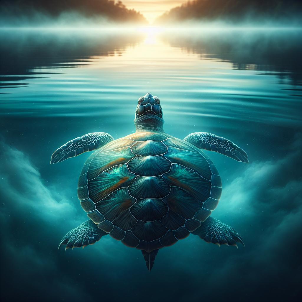 Una tortuga nadando en un tranquilo lago, simbolizando la conexión espiritual y la sabiduría profunda que esta criatura representa como animal de poder.