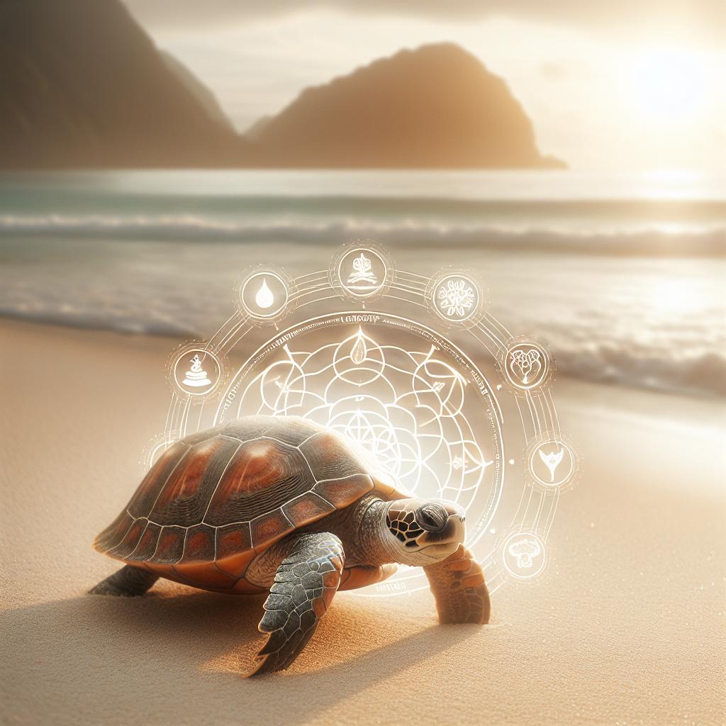 Imagen de una tortuga caminando lentamente sobre la arena de una playa, representando la sabiduría, longevidad y protección espiritual que simboliza este animal en diversas culturas.