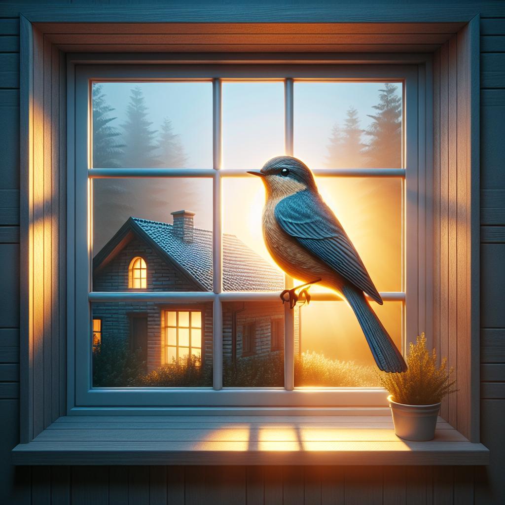 Imagen de un pájaro posado en la ventana de una casa con la luz del amanecer reflejándose en sus plumas, representando la conexión entre la naturaleza y el hogar.