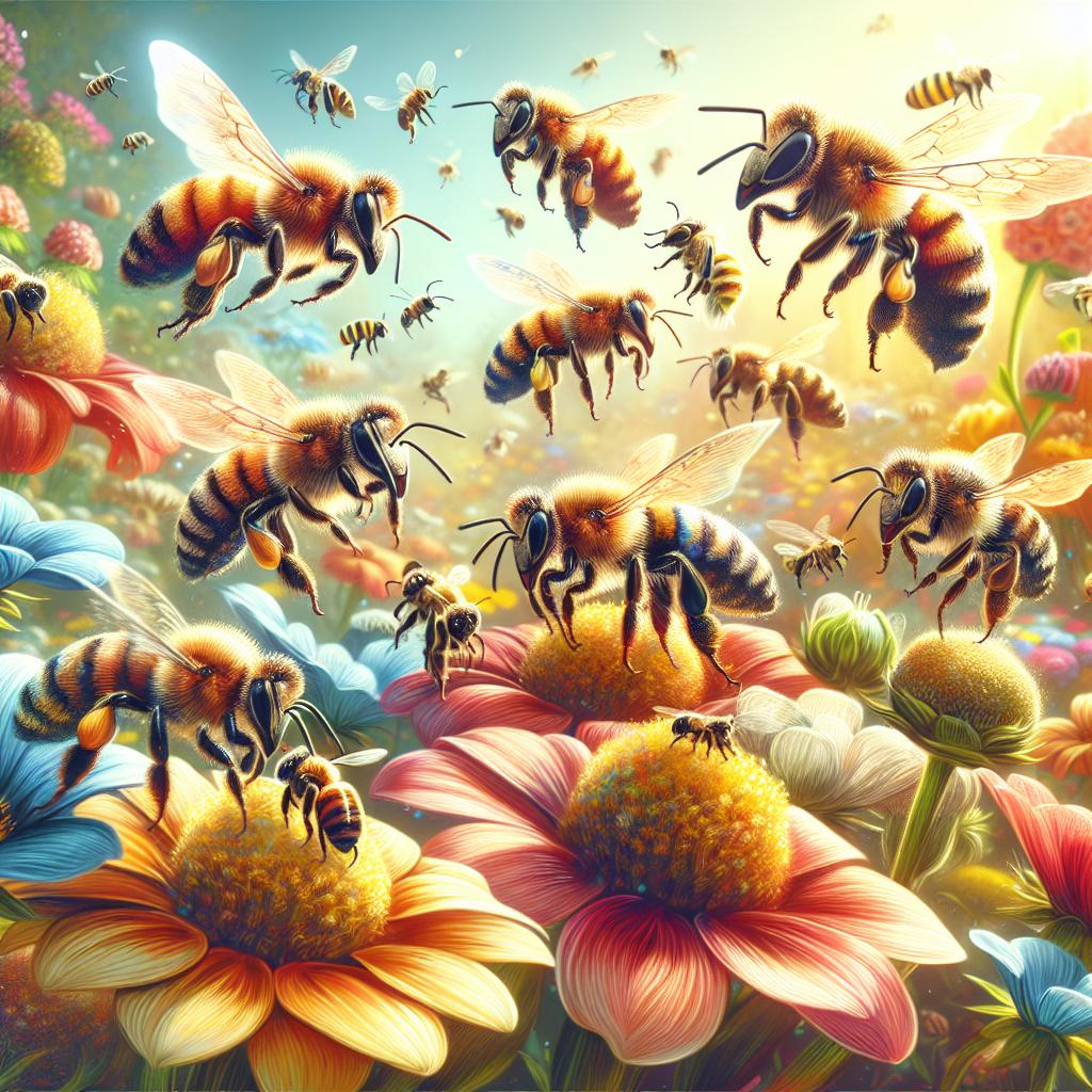 Imagen ilustrativa de un enjambre de abejas polinizando flores en un jardín, resaltando su vital papel en nuestro ecosistema doméstico.