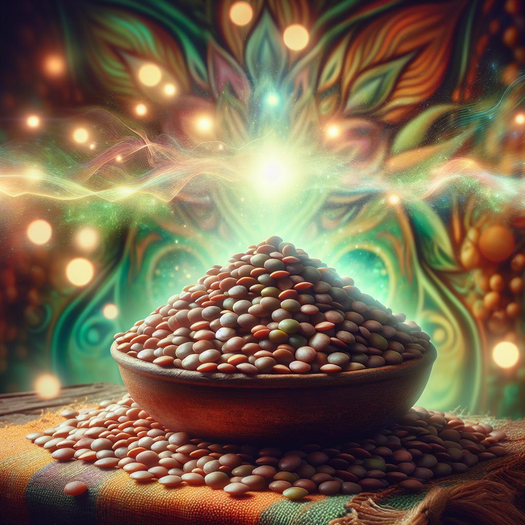 Una imagen de lentejas con un fondo espiritual y místico que evoca la conexión de este alimento con la energía y la sabiduría espiritual.