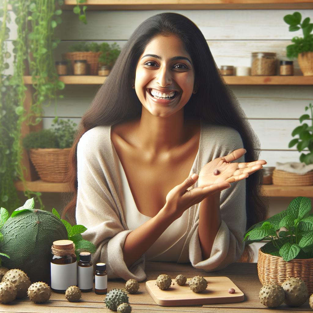 Imagen de una mujer sonriente, rodeada de plantas, explicando cómo sanar las verrugas con métodos naturales.