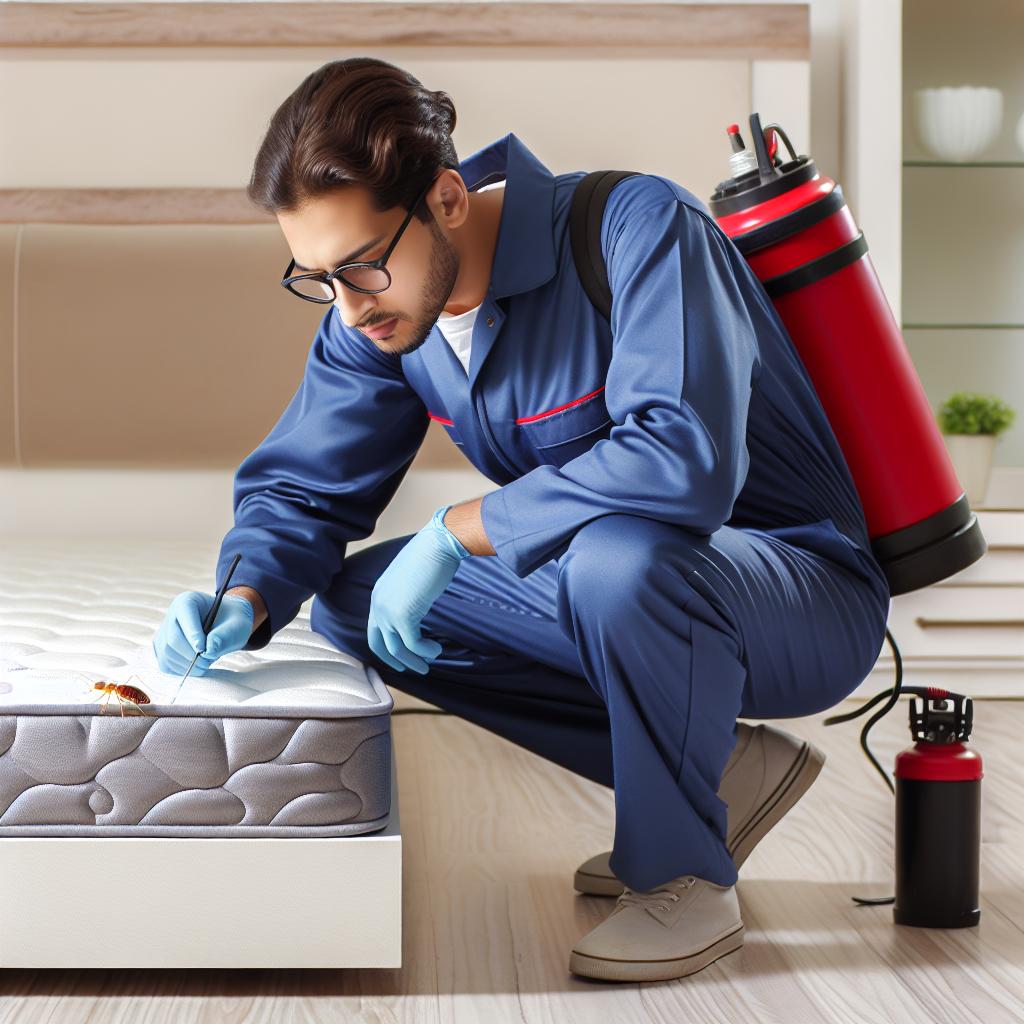 Imagen de un exterminador profesional inspeccionando y tratando un colchón infestado de chinches en una habitación de casa