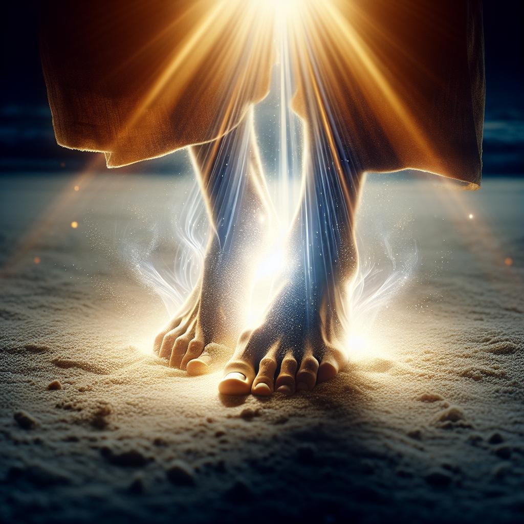 Una imagen conceptual de unos pies descalzos sobre arena, con una luz brillante que los ilumina, simbolizando la espiritualidad y la conexión con la tierra según la Biblia.