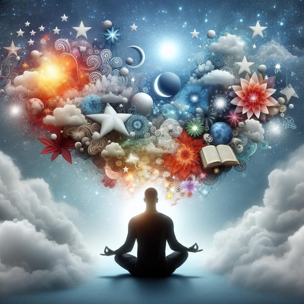 Persona meditando con una mezcla de símbolos de sueños alrededor, como estrellas, nubes y libros, representando la exploración del significado espiritual de los sueños.