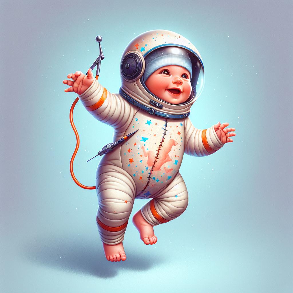 Imagen de una ilustración humorística de un bebé con un traje de astronauta y una cicatriz de cesárea