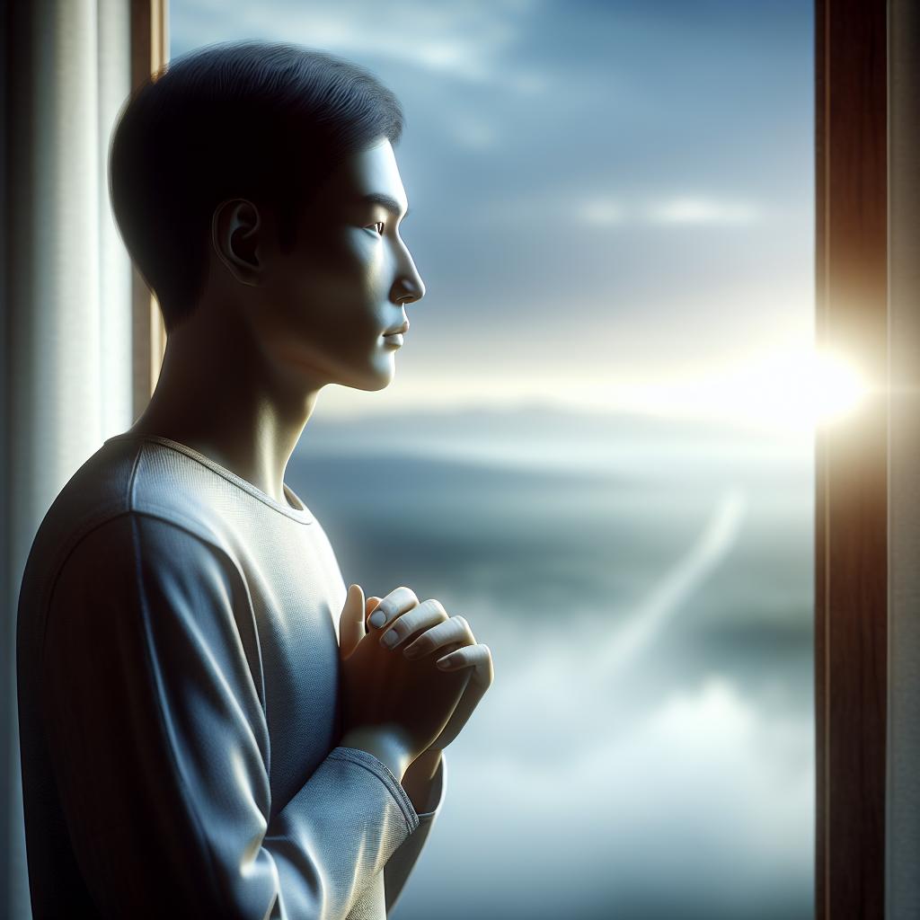 Una persona reflexiona en silencio mientras mira por la ventana hacia el horizonte, simbolizando la exploración del significado espiritual de no tener hijos en la vida.