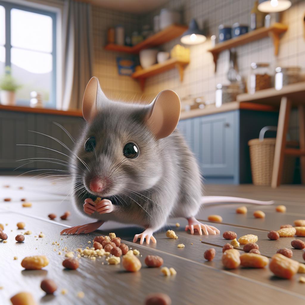 'Imagen de un ratón gris en el interior de una casa, buscando alimentos en la cocina'.