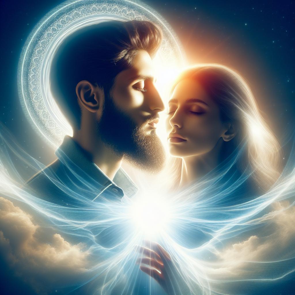 Imagen de dos personas abrazadas con aura brillante, representando el vínculo espiritual en un sueño romántico.