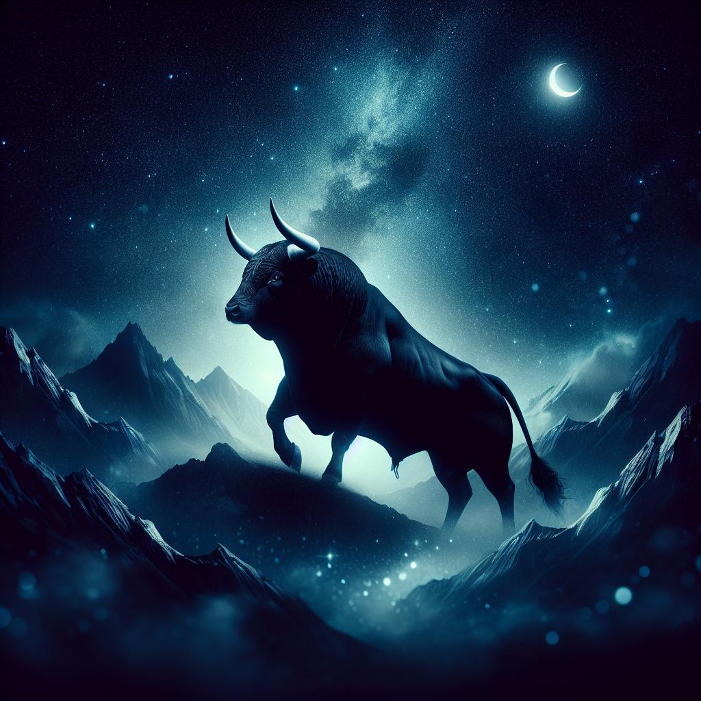 Un toro negro poderoso y majestuoso en medio de la oscuridad de la noche, simbolizando fuerza y determinación en el mundo de los sueños. ¡Descubre su significado espiritual y cómo interpretarlo!