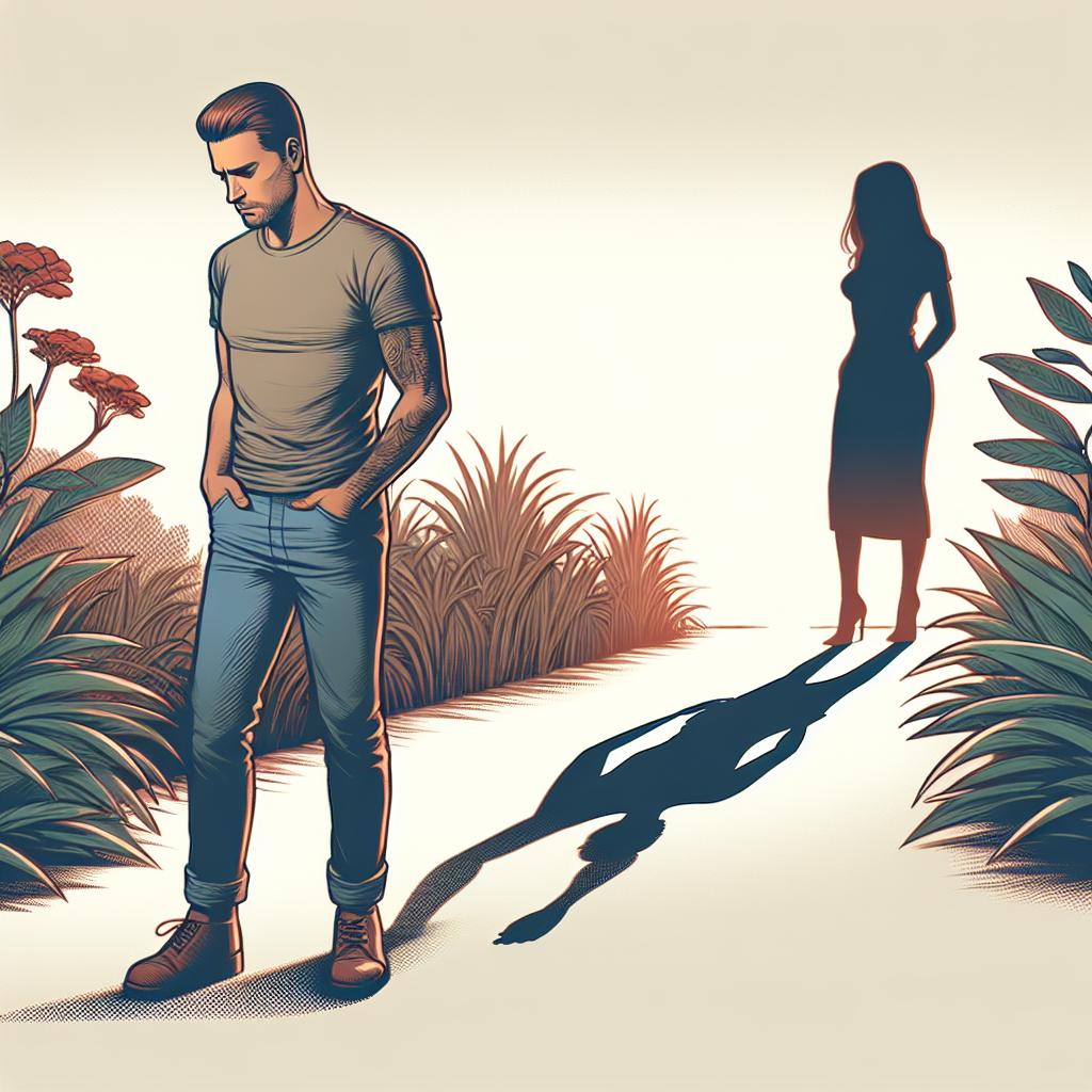 'Ilustración de una persona en un jardín con una sombra de otra persona en el suelo, simbolizando la presencia persistente de un ex pareja en los sueños.'