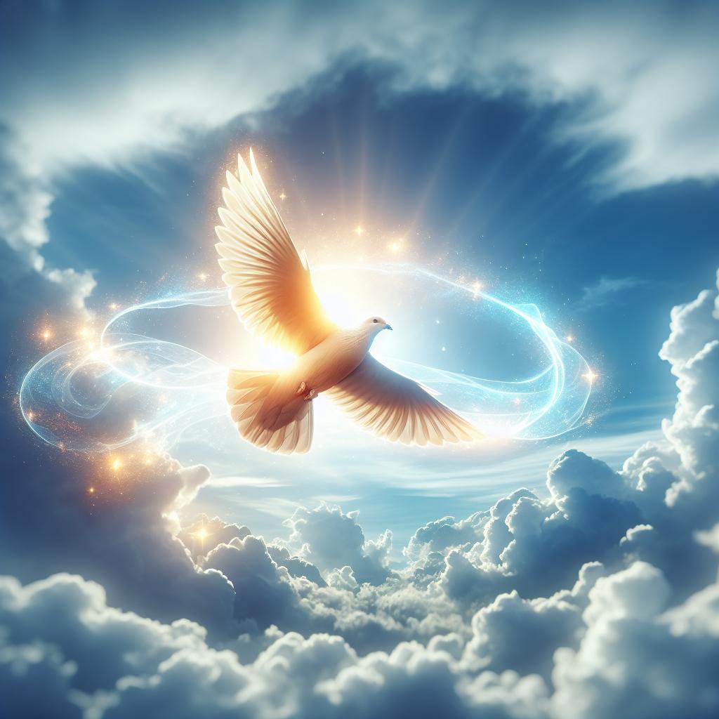 Imagen de un pájaro volando en el cielo con un aura brillante a su alrededor, simbolizando libertad, conexión con lo divino y mensajes espirituales.