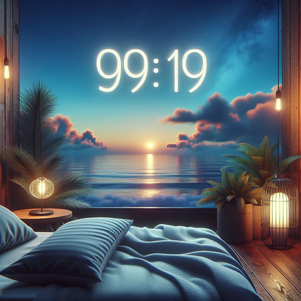 Imagen de un reloj digital marcando exactamente las 9:19 con un fondo inspirador y relajante.