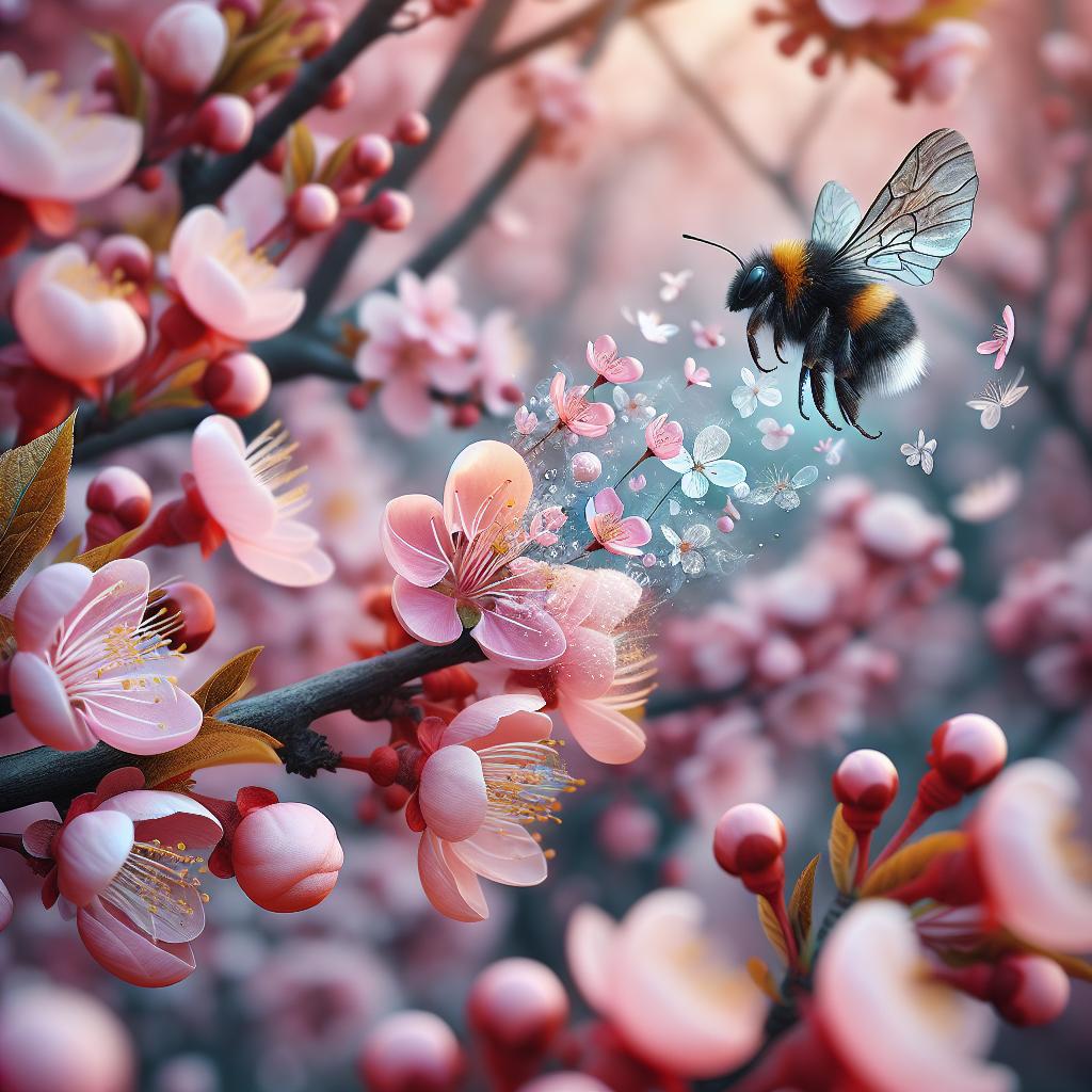 Imagen de un abejorro volando entre flores, representando el símbolo de los sueños y la transformación en la naturaleza.