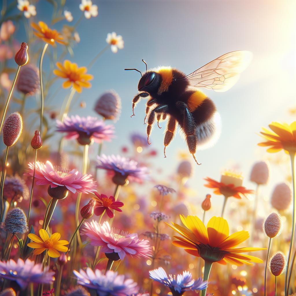 Un abejorro revoloteando entre flores en un campo soleado, representando vitalidad y trabajo en nuestros sueños.